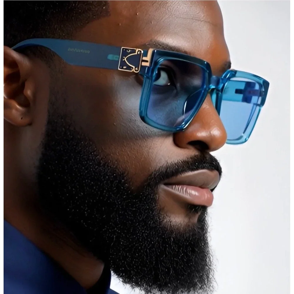 Mens‎ Square Oversized Sunglasses Translucent Blue Gold Hip Hop Flat Top Luxury